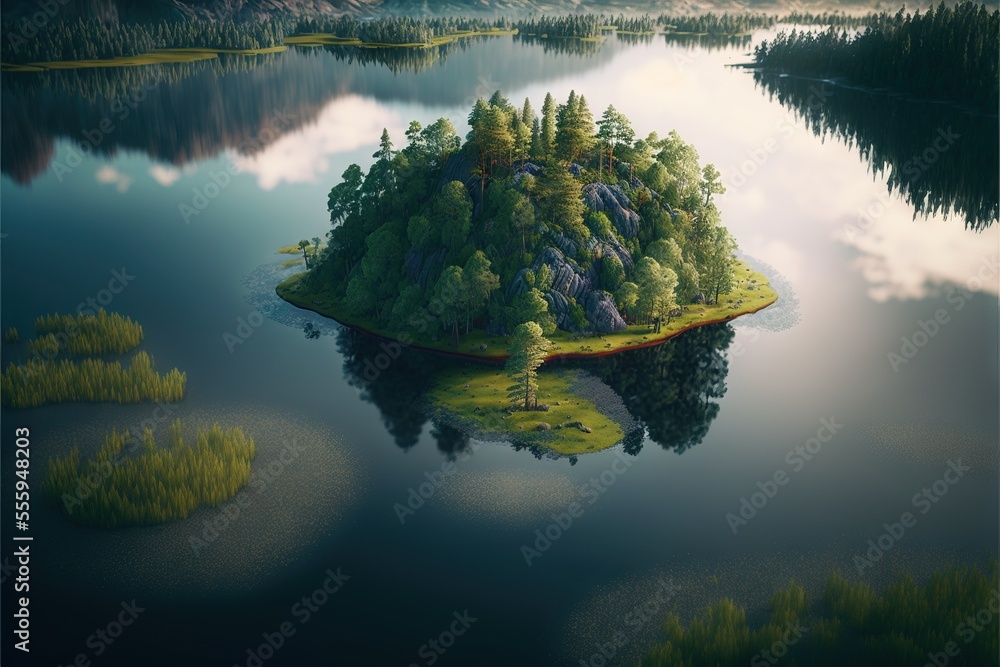 Poster a small island in the middle of a lake surrounded by trees and mountains in the background is a clou