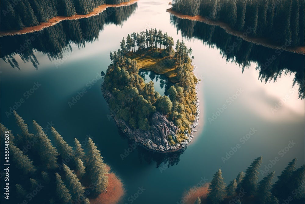Poster a small island in the middle of a lake surrounded by trees and a forest area with a boat in the midd