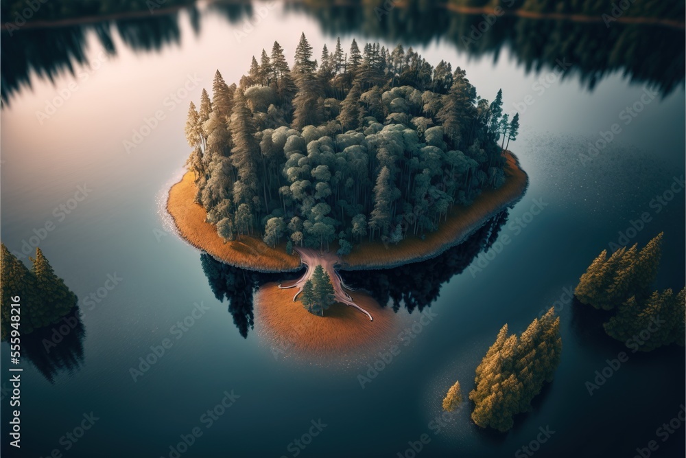 Poster  a small island with trees on it in the middle of a lake surrounded by trees and a forest on the other side. Generative AI