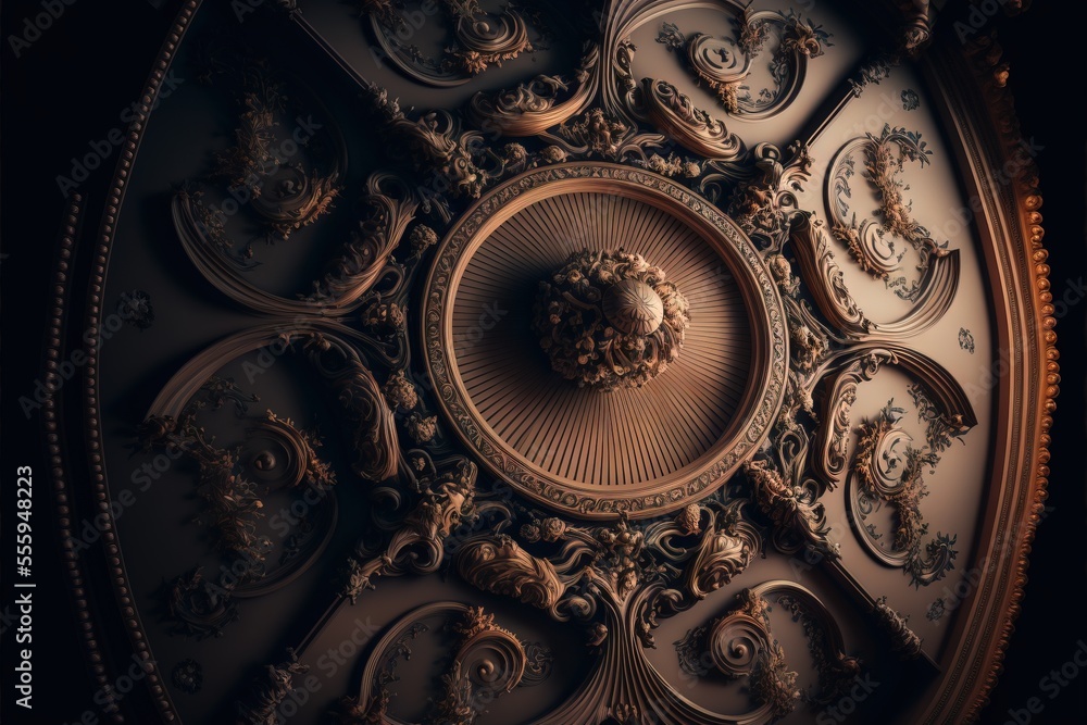 Poster a decorative ceiling with a circular design on it's side and a gold frame around it's center. genera