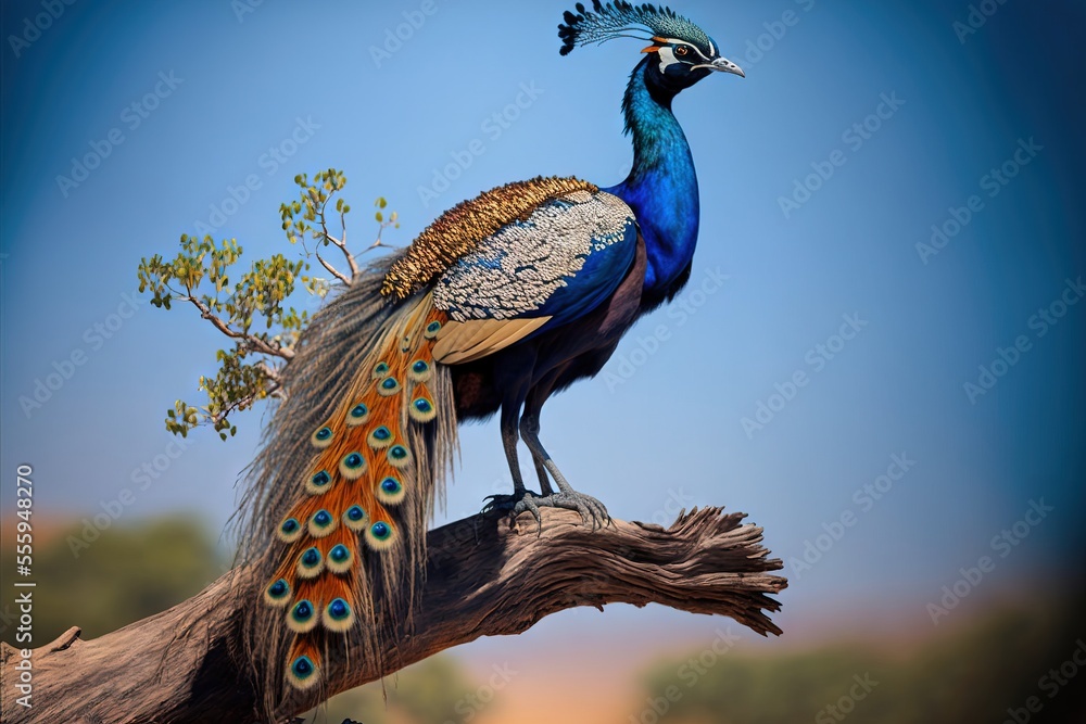 Poster a peacock sitting on top of a tree branch with its tail feathers spread out and its tail feathers sp