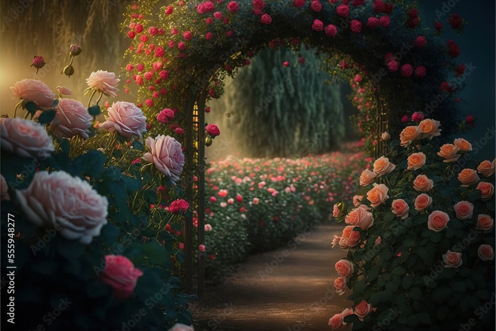 Poster a garden with roses and a light in the middle of it and a path leading to a tunnel of flowers. gener