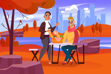 Autumn concept with people scene in the background cartoon design. Husband invited his wife to a picnic in the park.