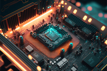Bright neon lighting illuminates a complex none branded computer motherboard in this high-tech image. Perfect for any tech or computer-themed project.