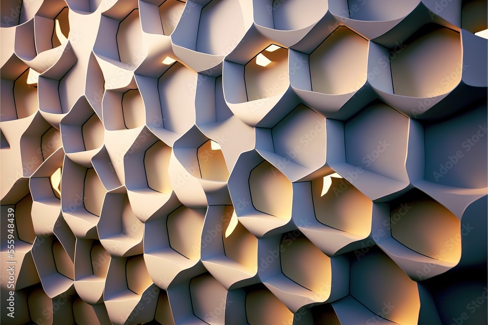 Poster a wall made of white hexagonal shapes with a light shining through the middle of it and a small hole