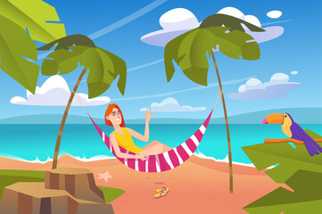 Fototapeta na wymiar Summer concept with people scene in the background cartoon style. Girl is sunbathing in a hammock near the beach.