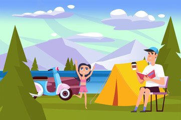 Summer concept with people scene in the background cartoon style. Father and daughter went to rest in the mountains with tents.