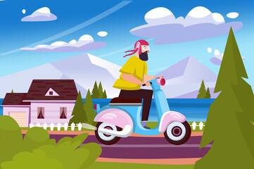 Summer concept with people scene in the background cartoon style. Man decided to ride a moped not far from home.
