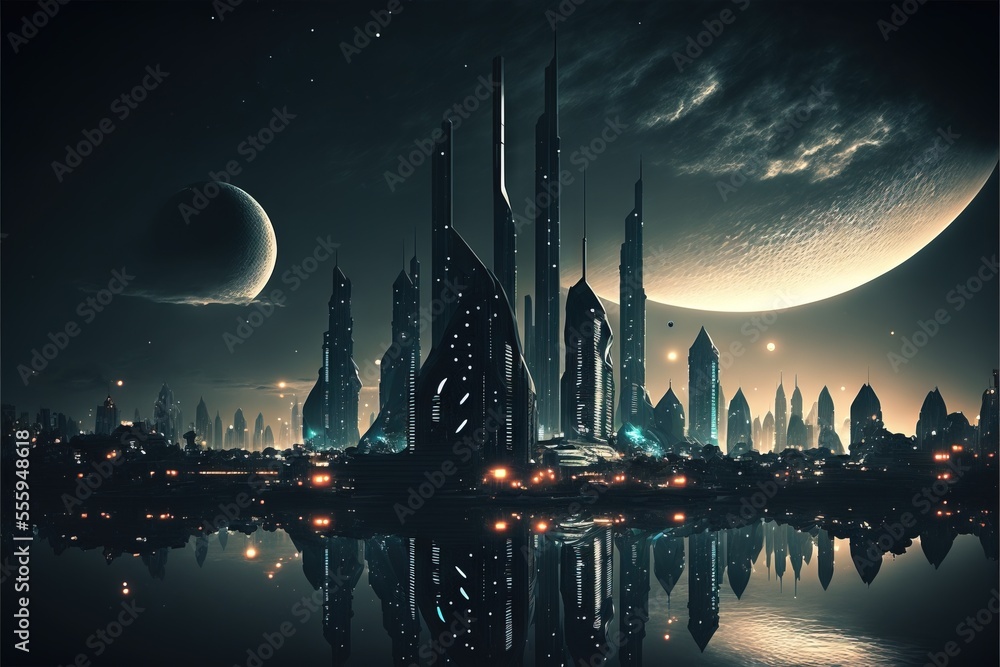 Poster a futuristic city with a moon in the background and a distant planet in the foreground. generative a