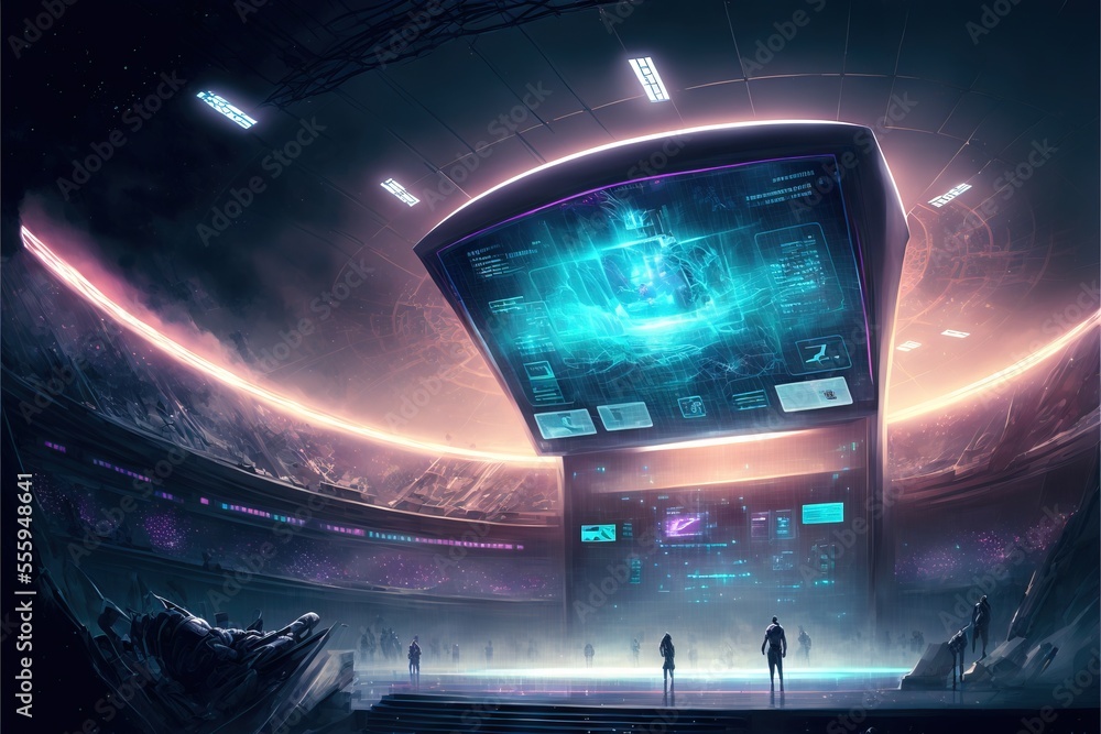 Poster a futuristic stadium with a large screen on the ceiling and people standing in the stands looking at