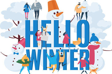 Hello winter background, vector illustration. Snow season sign banner, man woman character in huge snowman and card text.