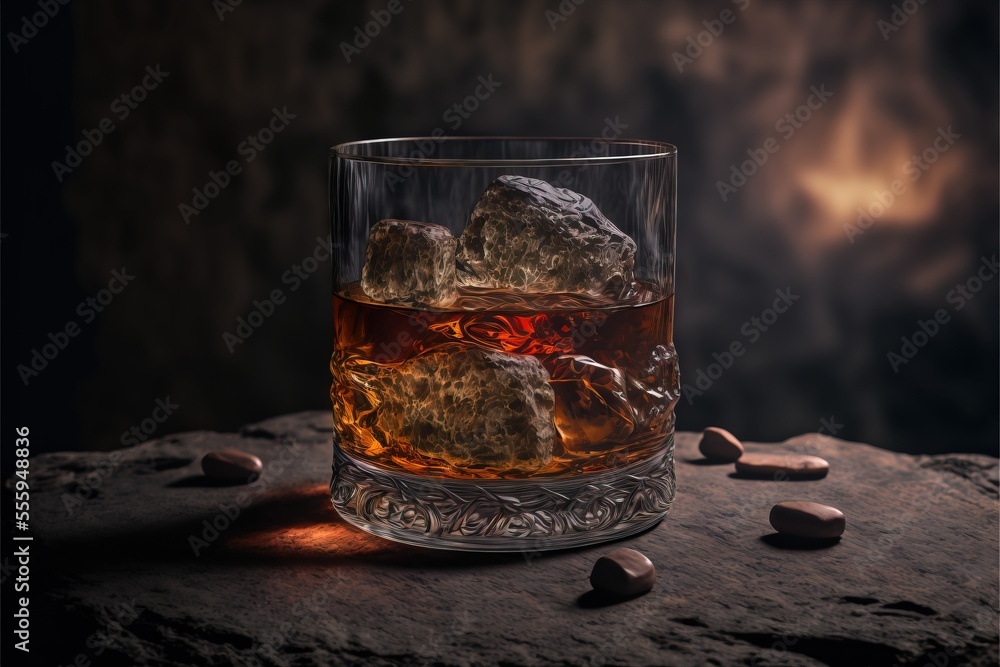 Poster  a glass of whiskey with ice and rocks on a rock surface with a dark background and a spotlight from the side. Generative AI