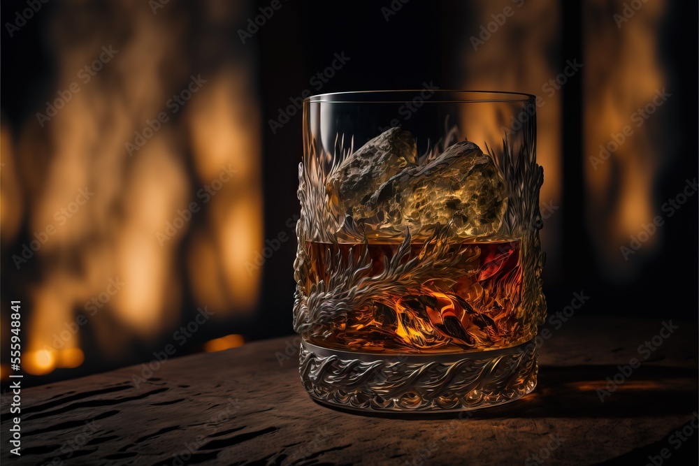 Poster  a glass of whiskey with ice and fire in the background on a table with a dark background and a lit candle. Generative AI