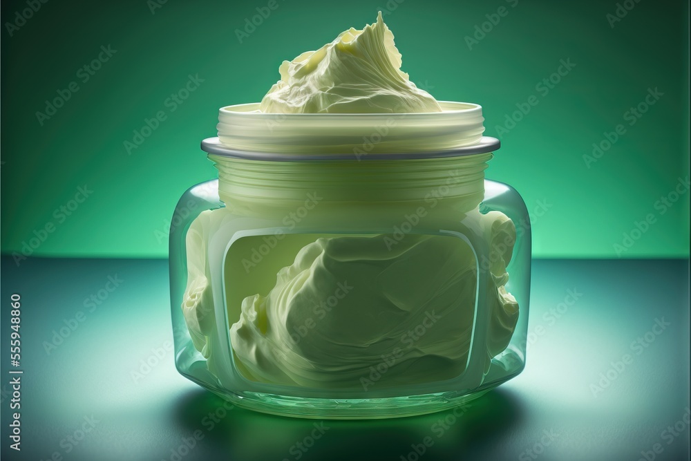 Poster a jar filled with whipped cream on a table top next to a green background with a green background be