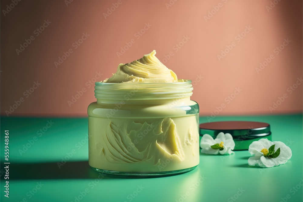 Poster a jar of whipped cream next to a flower on a table with a jar of whipped cream on it. generative ai
