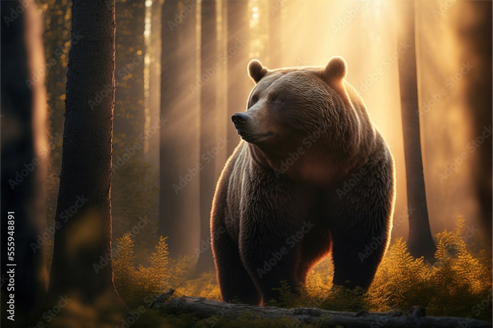 Poster a bear standing in a forest with the sun shining through the trees and the light coming through the 