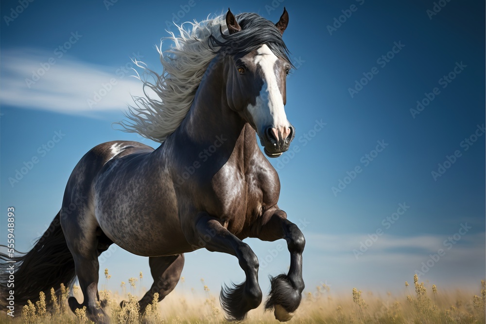 Poster a horse running through a field of tall grass with a blue sky in the background and a few clouds in 