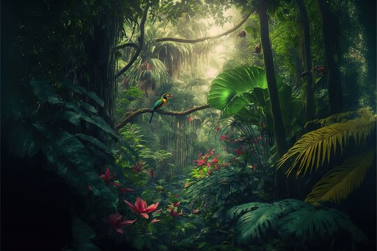  a painting of a tropical forest with a bird perched on a branch in the middle of the forest. Generative AI