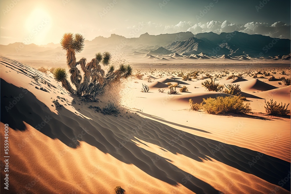 Poster a desert with a small tree in the middle of it and mountains in the background with clouds in the sk