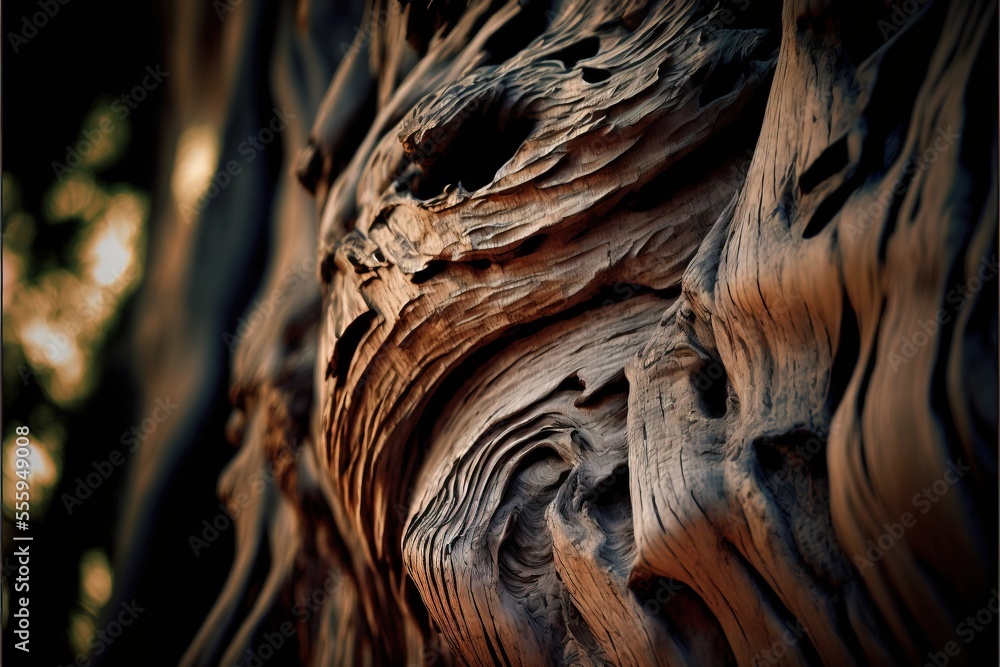 Poster a close up of a tree trunk with a lot of wood grain on it's surface and a tree in the background. ge