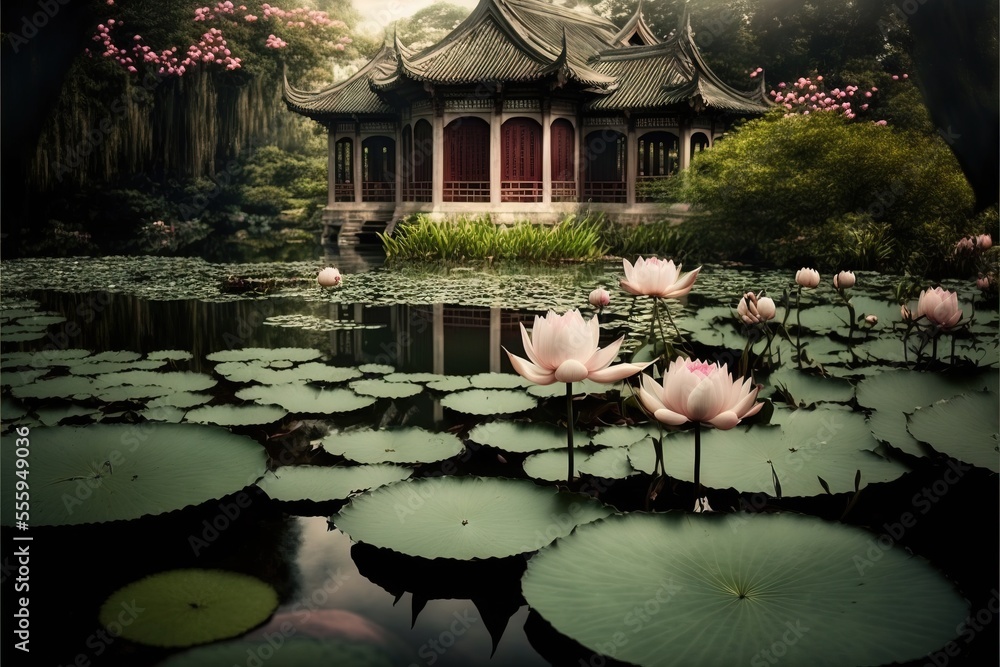 Poster a pond with lily pads and a pagoda in the background with pink flowers in the foreground and a pond 