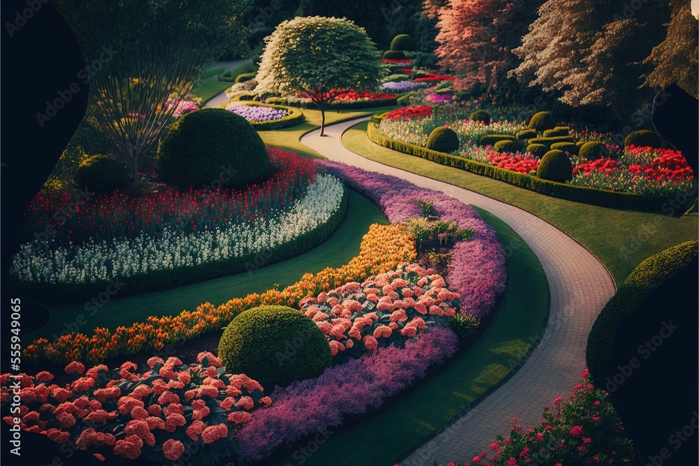 Poster a garden with a winding path and flowers in the center of it. generative ai