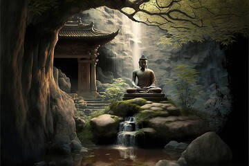  a buddha statue sitting on a rock in a forest next to a waterfall and a waterfall with a waterfall cascading down the side of it. Generative AI