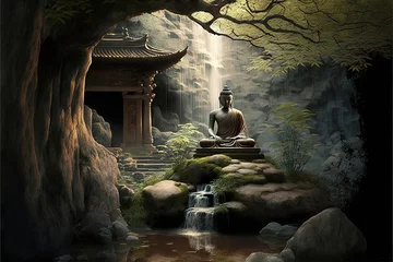   a buddha statue sitting on a rock in a forest next to a waterfall and a waterfall with a waterfall cascading down the side of it. Generative AI © Oleg