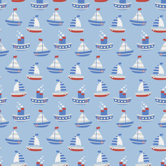 Obraz na płótnie Canvas Children's illustration with nautical theme on blue background: sailboat, steamer. Seamless pattern with ships. For children's textiles, backgrounds. Vector image.