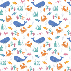 Children's illustration with a nautical theme: sea, corals, crab, whale, starfish and fish. Seamless pattern with cute nautical elements. For children's textiles, backgrounds. Vector image.
