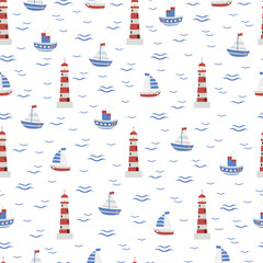 Obraz na płótnie Canvas Children's illustration with a nautical theme: sailing ships, steamer, lighthouse, waves. Seamless pattern with cute nautical elements. For children's textiles, backgrounds. Vector image.