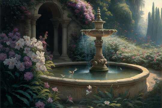  a painting of a fountain surrounded by flowers and trees in a garden with a bird flying by it and a bird bath in the center. generative ai