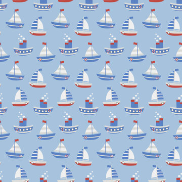 Children's illustration with nautical theme on blue background: sailboat, steamer. Seamless pattern with ships. For children's textiles, backgrounds. Vector image.