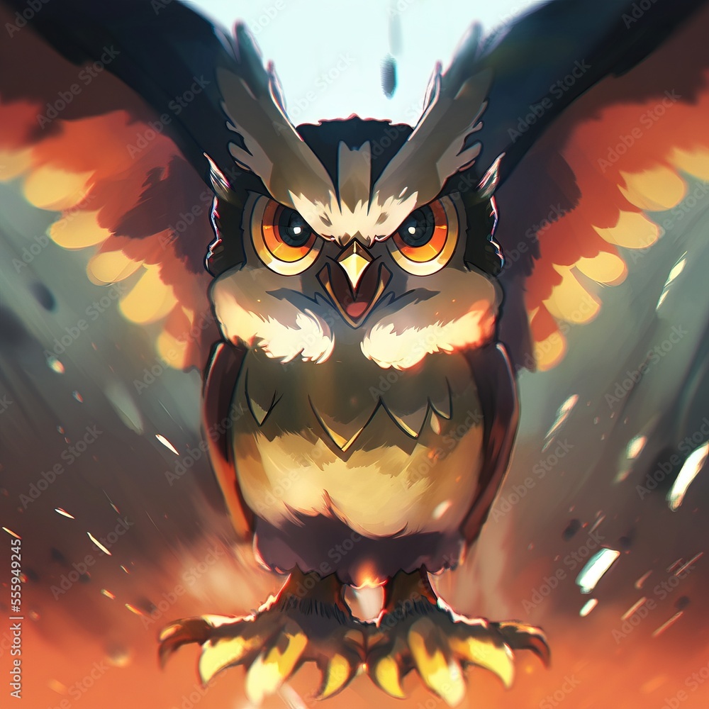 Poster a bird with a big wing and a big eyes sitting on a branch with a sky background behind it. generativ