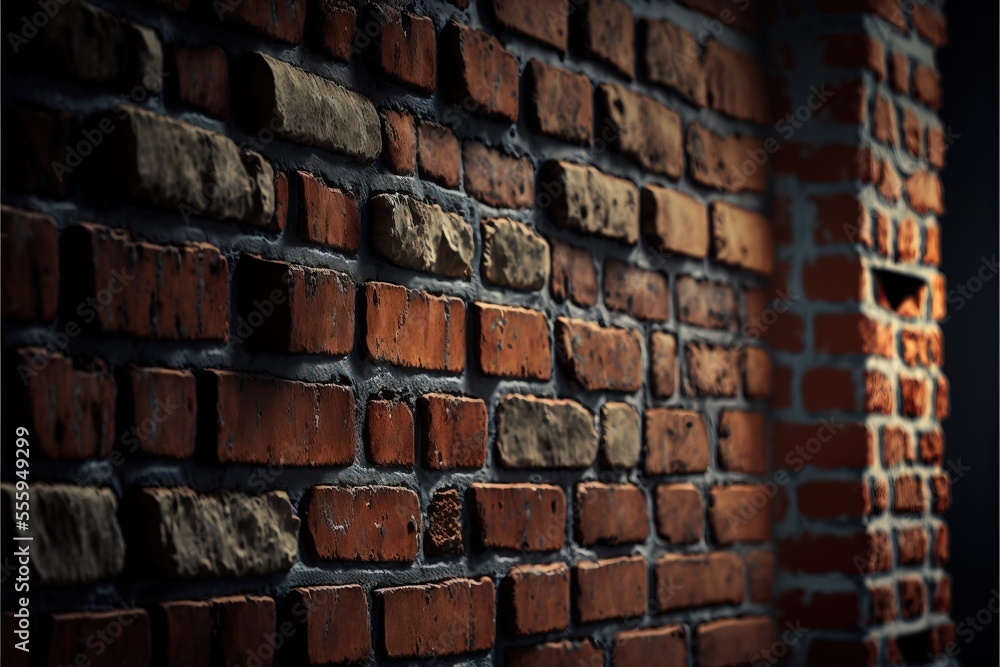 Poster a brick wall with a window in the middle of it and a light shining on it from the window. generative