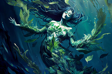 mermaid with seaweed hairs underwater.Fantasy illustration anime manga.Digital art for game, novel, book, cartoon comics,