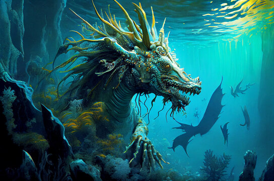 Fantasy digital art illustration, Sea dragon monster underwater 3D rendered.game 3d character beast, Monster sea.