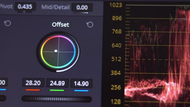 Color Grading Post Production for video and photo in Progress Closeup. A program for video processing, color correction. Color rings, macro