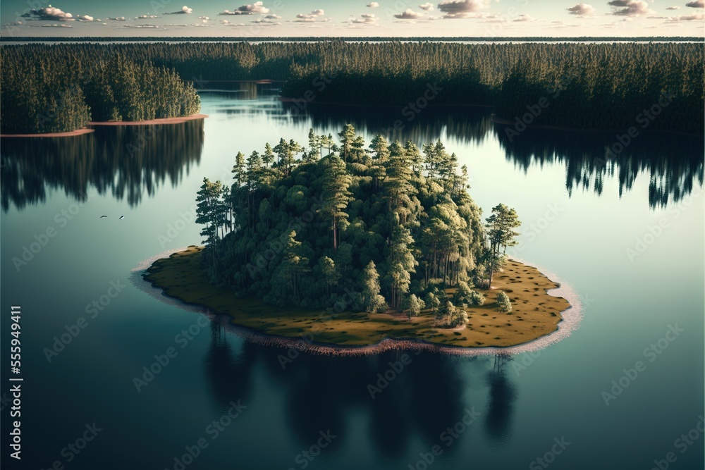 Poster a small island in the middle of a lake surrounded by trees and grass in the middle of the water. gen