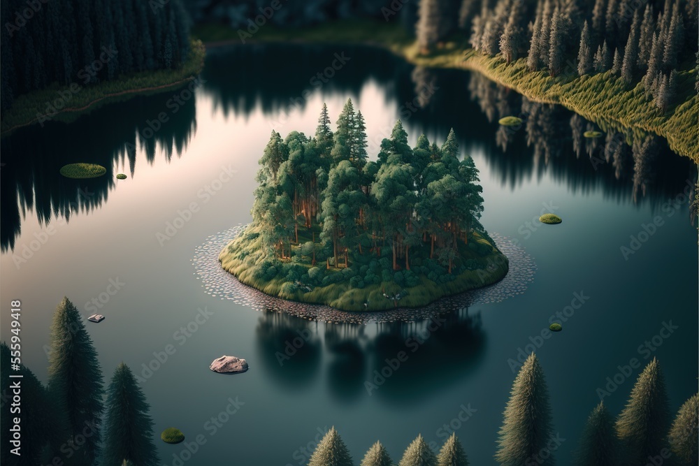 Poster a small island in the middle of a lake surrounded by trees and rocks. generative ai