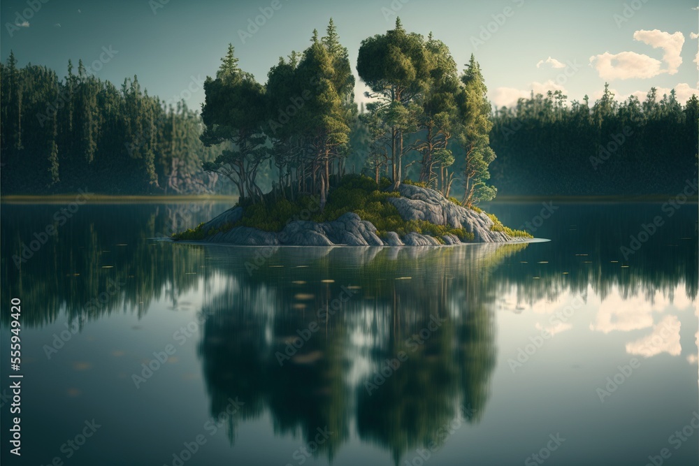 Poster  a small island with trees on a lake shore with a sky background and clouds in the sky above it. Generative AI