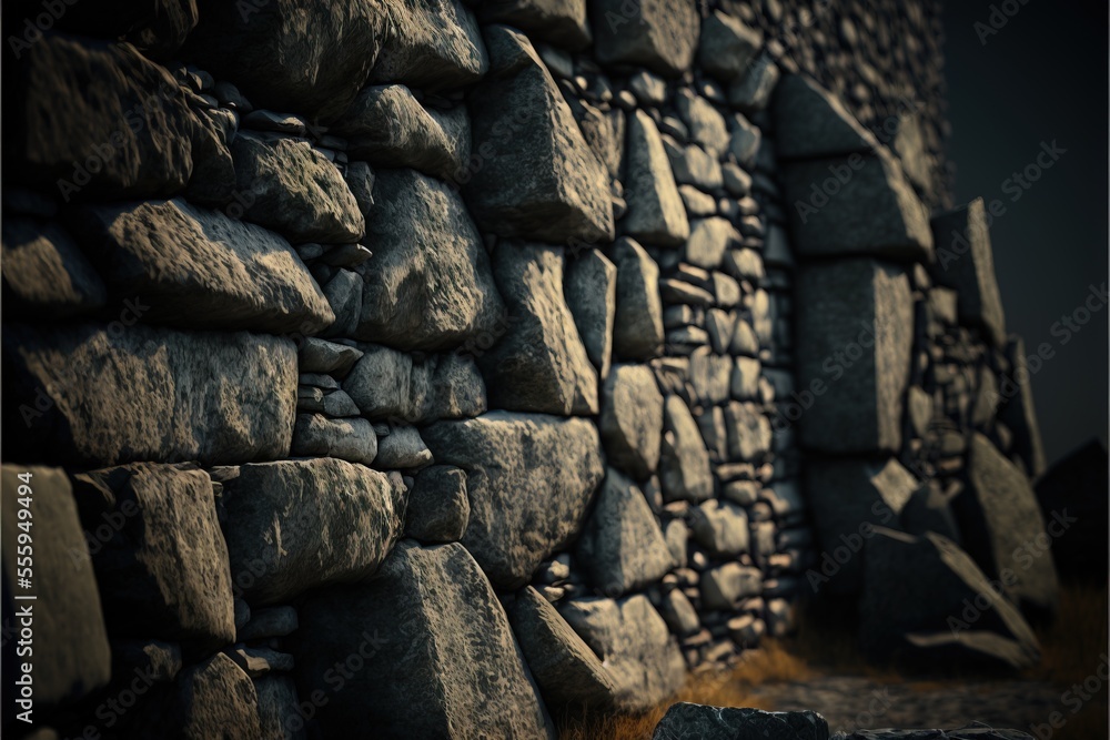 Poster a stone wall with a bunch of rocks on it and a clock on the wall above it that reads 1 25. generativ