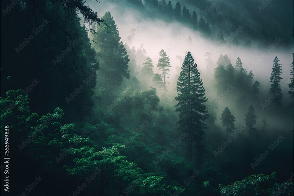 Aufkleber a forest filled with lots of trees covered in fog and mist covered in foggy clouds and foggy trees. 