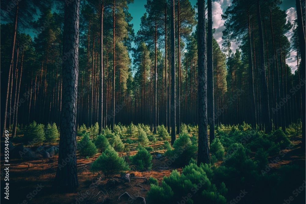Poster a forest filled with lots of trees and lots of green plants on the ground and a sky background with 