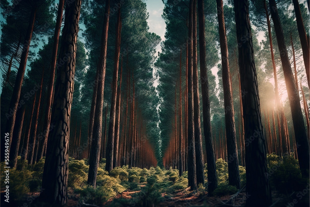 Poster a forest with tall trees and a sunbeam in the background with a blue sky and clouds above it. genera