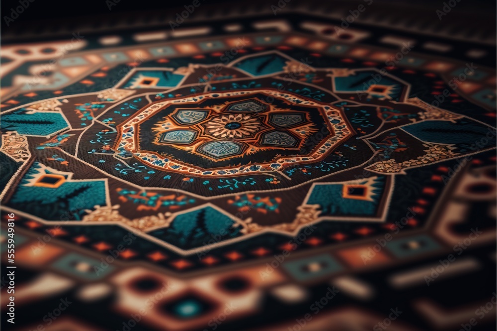 Poster a close up of a colorful rug with a pattern on it's surface and a black background with a blue and o