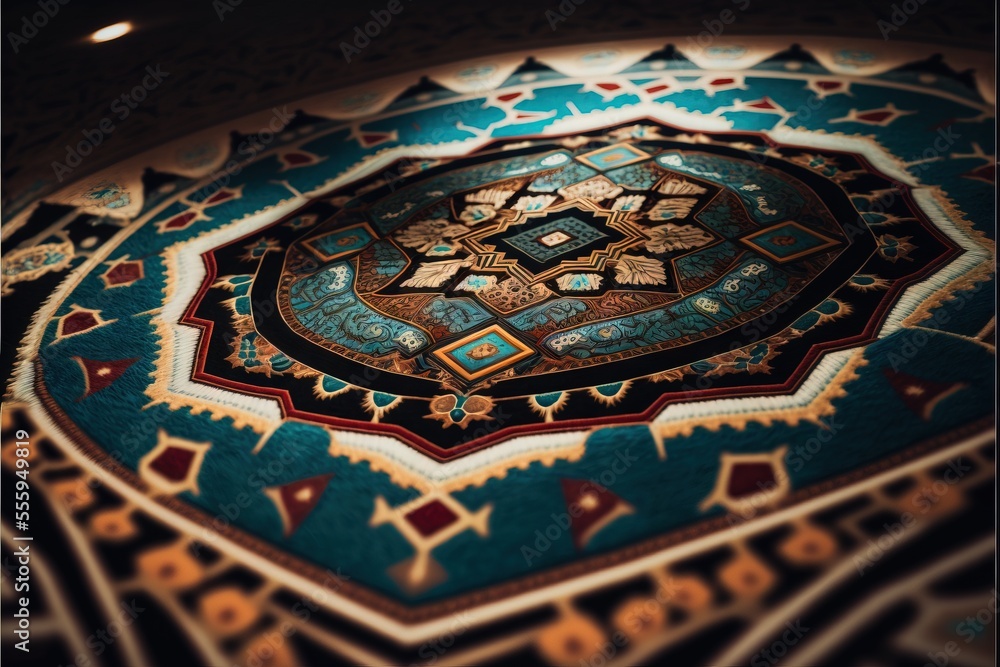 Poster a colorful rug with a circular design on it's surface in a room with a ceiling light in the backgrou