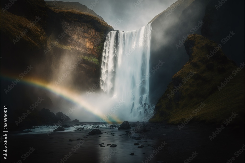 Poster a rainbow is seen in the sky over a waterfall and a river with a waterfall cascading over it. genera