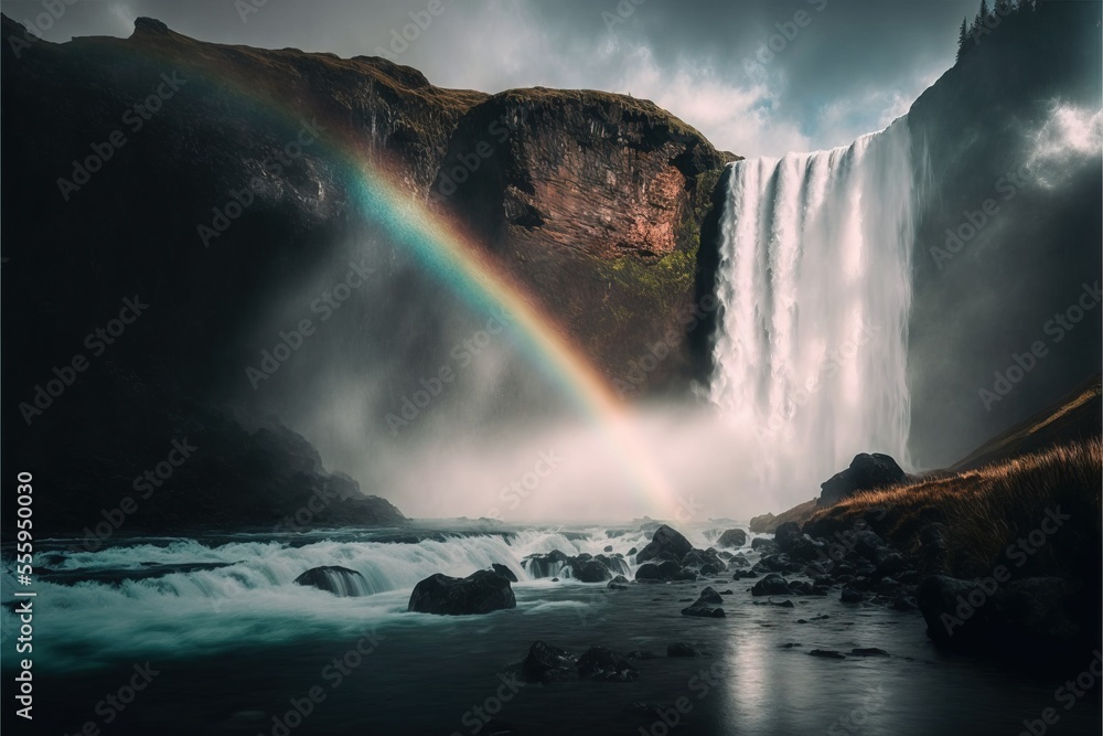 Poster a rainbow is shining in the sky over a waterfall and a river with a waterfall in the background and 