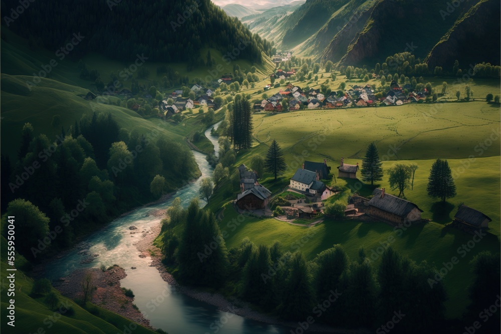 Poster a painting of a village in the mountains with a river running through it and a mountain range in the